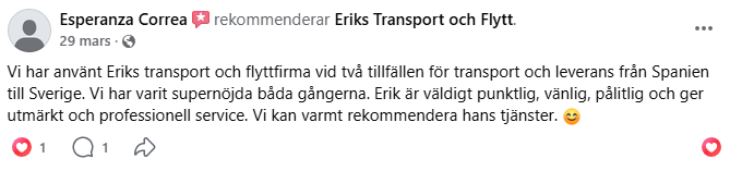 Kundrecension 1 för Eriks Transport och Flytt